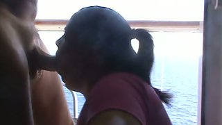 Chubby wife on cruise ship sucking off a hung passenger