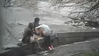 Horny girl watching passionate couple fucking hard in public