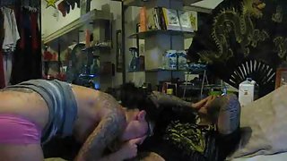 Gangster boyfriend stripping tattooed girlfriend while watching porn